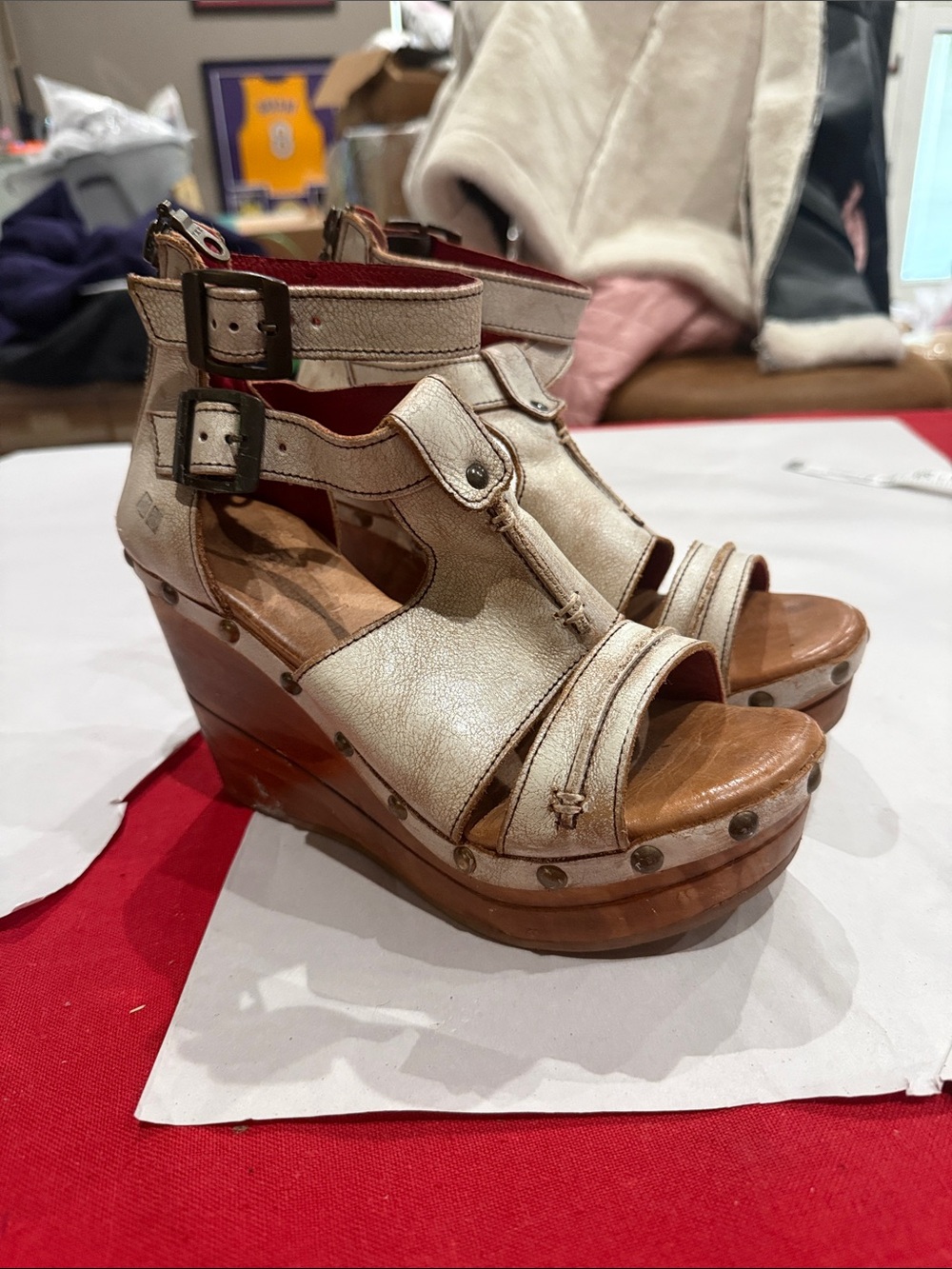 BED|STU princess wedge Cream Leather Studded Wood Wedge Sandals